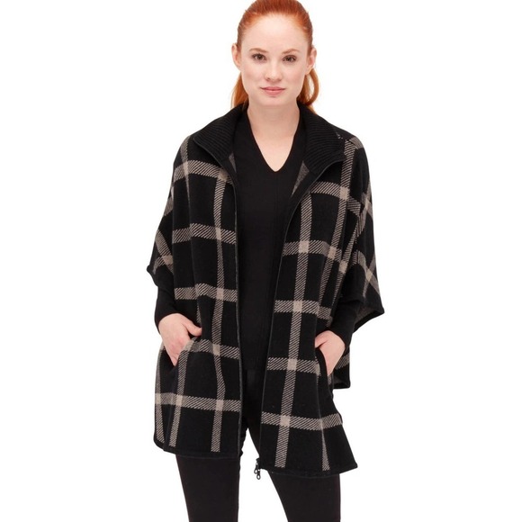 KINROSS LUXE 100% CASHMERE BLACK & SUEDE PLAID ZIP MOCK PONCHO OS ONE SIZE